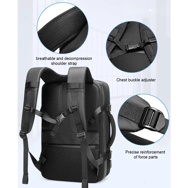 Mochila Airbag com compartimento a vacuo varios compartimentos além de sistema de carregamento de celular e laptops.